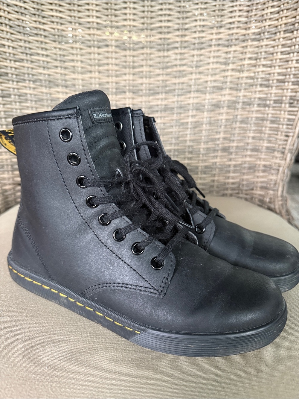 Dr. Martens Black Leather 8-Eye Lace-Up Combat Boots with Yellow Stitching
